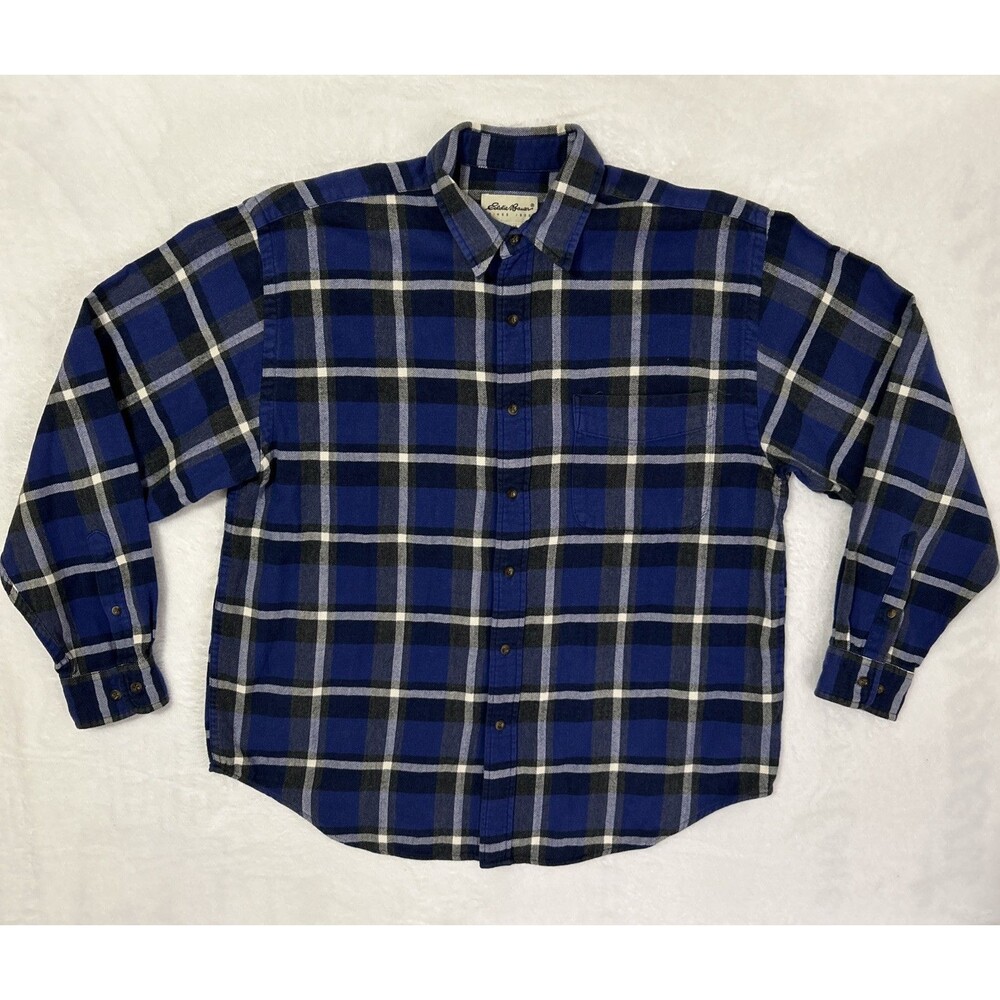 Eddie Bauer Flannel Button Up Shirt Men’s Large Blue Plaid Cotton Collar